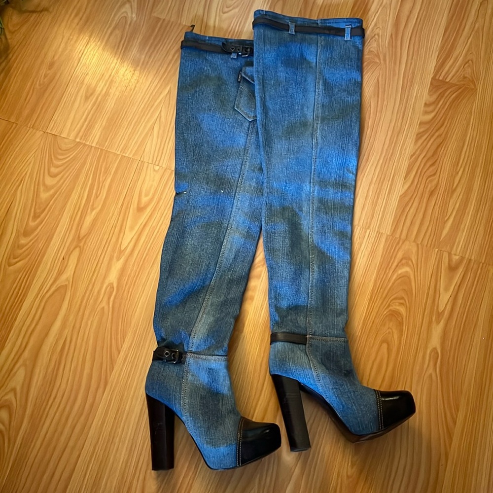 El Dantes Rounded Toe Knee High Chunky Heel Denim Boots Size 37 Made in Spain